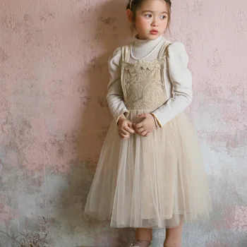 Одежда для девочек, детское платье на бретелях, Новинка зимы 2023, Корейская мода, Кружевная Пышная сетка, Марлевый бархат, без рукавов, Плиссированная Милая принцесса
