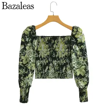 2023 bazaleas store traf Тонкая блузка Топы во французском стиле, рубашка с цветочным принтом листьев, женская одежда с эластичным корпусом, официальная женская одежда