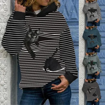 Полосатый принт кота, модные повседневные хлопковые толстовки с капюшоном, женские Ретро-классические Черно-белые пуловеры в полоску, тонкие топы большого размера