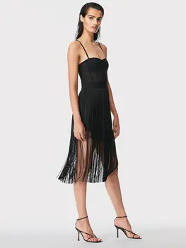 BEAUKEY 2024 Роскошное Черное бандажное платье с кисточками Для женщин, сексуальное сетчатое прозрачное вечернее клубное платье, облегающее коктейльное платье