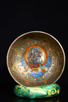 Коллекция Тибетского Храма 7 дюймов, старая Бронза, Позолоченная, Окрашенная в Зеленый Цвет, Звуковая Чаша Тары Будды, молитвенная чаша на санскрите, Ваджра, Городской дом, Экзорцизм