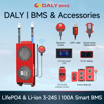 Комплект аксессуаров DALY SMART BMS 100A с параллельным модулем платы soc, активным балансировщиком сенсорного экрана и ЖК-дисплеем