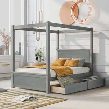 Деревянная кровать с балдахином и двумя выдвижными ящиками, полноразмерная кровать-платформа с балдахином и опорными рейками.Пружинный блок не требуется, матово-серый