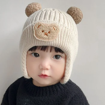 Зимняя детская шапочка-бини с мультяшным медведем, защита ушей, вязаная шапка для маленьких мальчиков и девочек, милые Корейские теплые детские шапки