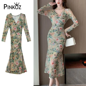 Pinkoz элегантные винтажные платья миди-футляр, сетчатые платья с цветочным рисунком, сетчатый v-образный вырез, модные праздничные женские платья, новые