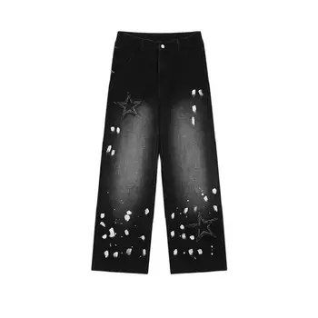 Y2k Винтажные джинсы в стиле Харадзюку в стиле Панк с высокой талией и пятиконечной звездой, забрызганные чернилами, Женские Широкие брюки, Свободные Джинсовые прямые брюки