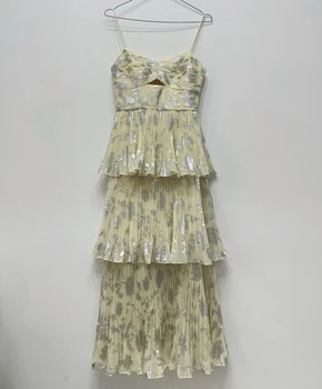Весна / лето 2023, новое женское платье Миди, сексуальное очаровательное светло-желтое шифоновое плиссированное платье для торта, позолоченное платье на длинном ремешке