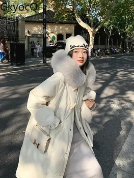GkyocQ 2023 Новая Модная Корейская версия Дизайн с большим меховым воротником, Узкая талия, Зимнее утолщенное Пуховое хлопчатобумажное пальто, длинные парки
