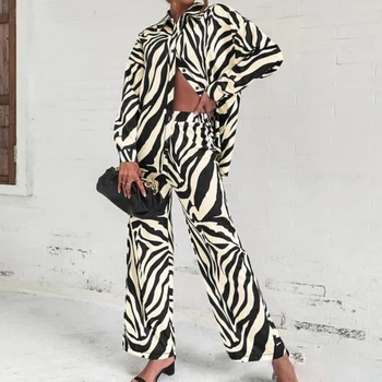 Женская рубашка с лацканами + широкие брюки, повседневная блузка, топ и брюки, комплект из двух предметов, однобортный модный наряд с принтом зебры