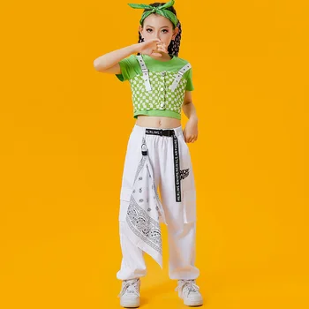 Детская одежда для уличных танцев, одежда для джазовых танцев, одежда для чирлидинга для девочек, клетчатые топы, Белые брюки-карго, одежда для танцев в стиле хип-хоп DL10333