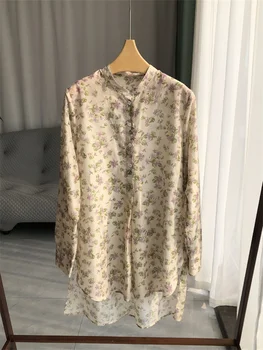 Женская легкая шелковая хлопчатобумажная рубашка с круглым вырезом, однобортная Женская Весенняя блузка средней длины 2024