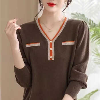 Шикарная женская мода в корейском стиле с V-образным вырезом, осенне-зимние вязаные пуловеры, свитера, рубашки, офисная женская верхняя одежда, рабочие свитера