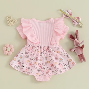 Пасхальная одежда для маленьких девочек, комбинезон с длинными рукавами и рюшами, платье-юбка с принтом пасхальных яиц и кролика, милый наряд для новорожденных