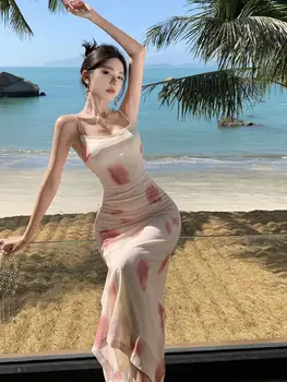 Летнее Винтажное Элегантное платье без рукавов с принтом, сексуальное Облегающее длинное платье 2023, женский сарафан для пляжной вечеринки Y2k, Романтический тренд