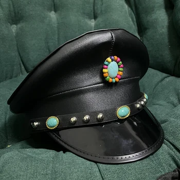 Кожаная мужская женская военная шляпа, черная армейская шляпа, полицейская кепка сержанта, шляпа для косплея на рейв-фестивале