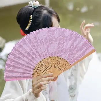 Портативный ручной вентилятор, вентилятор небольшого размера, Элегантные кружевные ручные вентиляторы, китайские складные бамбуковые шелковые веера для свадеб, вечеринок для женщин