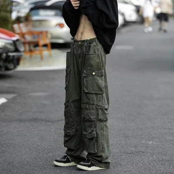 Зеленые спортивные штаны в стиле хип-карго, свободный комбинезон, технологичная одежда, брюки Harajuku Hop Y2k, мужская одежда в корейском стиле в стиле милитари с несколькими карманами
