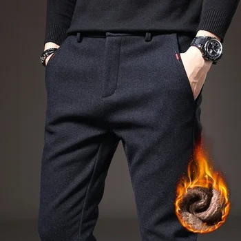 Брендовые зимние новые мужские шерстяные теплые повседневные брюки, деловые модные флисовые толстые офисные брюки-стрейч, мужские большие размеры 28-38
