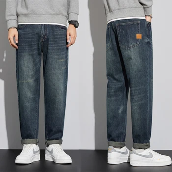 Джинсы для мужчин Осень-зима, оригинальные Синие джинсовые брюки 2023, Новые повседневные джинсы прямого кроя от роскошного бренда, Длинные брюки
