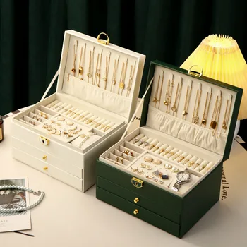 Настольная коробка для хранения ювелирных изделий, ожерелье, Серьги, Коробка для хранения ювелирных изделий, Кожаный Многослойный органайзер большой емкости, футляр-коробка