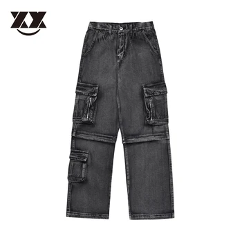 Винтажные потертые брюки Harajuku Унисекс, уличные прямые брюки в стиле хип-хоп, чистый крой, свободный дизайн, мужские джинсы с множеством карманов.