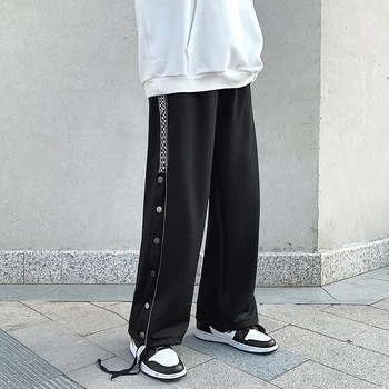 Модные мужские брюки на пуговицах сбоку, повседневные свободные уличные прямые спортивные брюки в стиле хип-хоп со светоотражающими элементами, мужская спортивная одежда