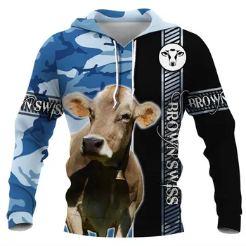 Толстовка HX Brown Swiss с 3D графикой, Пуловеры для крупного рогатого скота, Толстовки, Модные повседневные топы с сращиванием, Мужская одежда с капюшоном в стиле Харадзюку