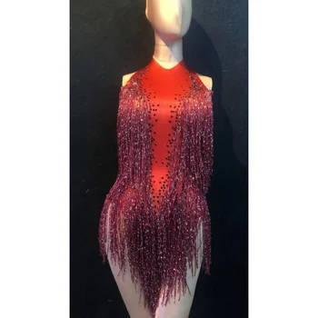Женское новое сексуальное боди с красной кисточкой и блестящими стразами, сценические наряды для вечеринок, бар, ди-джей, костюм для выступления певицы, одежда для танцев
