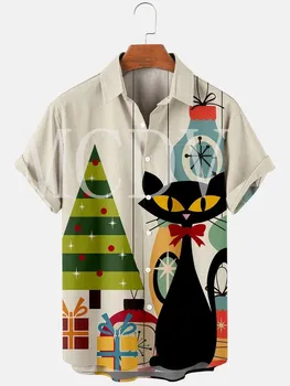 Мужская и женская повседневная дышащая гавайская рубашка с коротким рукавом и Рождественским принтом Кота