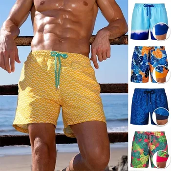 Мужские пляжные брюки, спортивные брюки, двухслойные шорты с принтом, мужские повседневные быстросохнущие шорты в цветочек, мужские бермуды Masculina