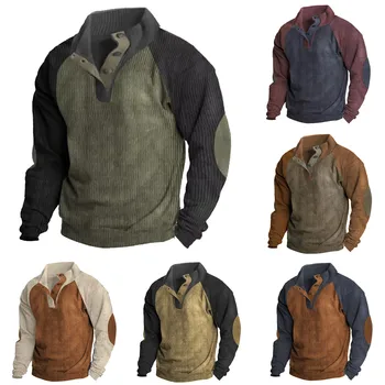 Мужская тактическая толстовка, Винтажные рубашки в стиле пэчворк, пуловер со стоячим воротником и пуговицами, топы, мужская уличная одежда, Мужские осенне-зимние толстовки