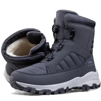 Зимние зимние ботинки для мужчин и женщин, зимние ботинки с вращающейся кнопкой, водонепроницаемая уличная хлопчатобумажная обувь, сохраняющая тепло, мужская походная зимняя обувь с высоким берцем