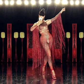 Блестят красный кристалл комбинезон сексуальные длинные кисточкой горный хрусталь платье женщины наряд ночной клуб певица сценический костюм танец DS одежда