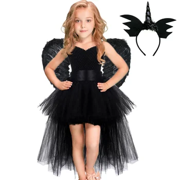 Платье-пачка с единорогом и черным дьяволом для девочек, шлейф с V-образным вырезом, модное вечернее платье Fallen Dark Angel, карнавальный костюм на Хэллоуин для детей от 1 до 14 лет