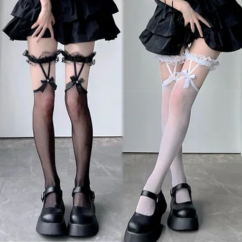 Сексуальные сетчатые чулки до бедра в сеточку, длинные носки JK Lolita Girl, чулки в японском стиле с кружевными подтяжками и бантом, гольфы до колена