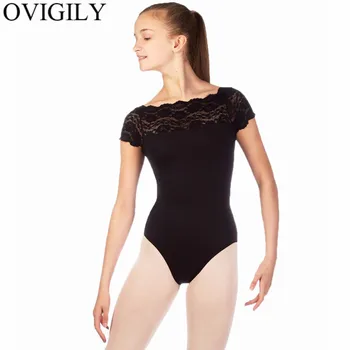 OVIGILY/ Детское кружевное Балетное танцевальное трико с коротким рукавом, Нейлоновое Черное гимнастическое трико для девочек, верхняя одежда для соревнований