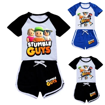 STUMBLE GUYS Аниме Одежда для маленьких мальчиков Летняя пижама Хлопковая футболка с коротким рукавом Шорты Костюм Комплект повседневной спортивной одежды для девочек