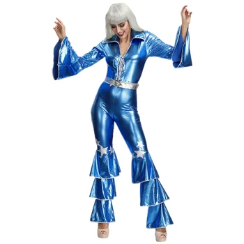 Женский синий танцевальный комбинезон в стиле ретро 60-х 70-х, певица из ночного клуба Хиппи, сцена дискотеки, Хэллоуин, Карнавальный костюм для косплея