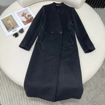 2023 новое женское модное высококачественное шерстяное пальто с длинными рукавами и воротником-стойкой на двух пуговицах 1109