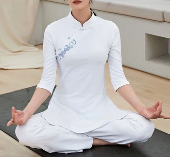 женский весенне-летний белый костюм для йоги с вышивкой, одежда для танцев, йоги, униформа, одежда для фитнеса и упражнений