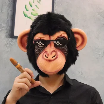 Маска Обезьяны на все лицо Тушь из натурального латекса Капюшон с головой животного Хэллоуин Карнавал Косплей Веселый Маскарадный костюм Шимпанзе для взрослых